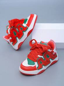 1 Pair Fashionable Dopamine Red PU Material Comfortable Non-Slip Durable Sporty Casual Sneakers For Children, Suitable For Daily Wear And Running - Red - View 5