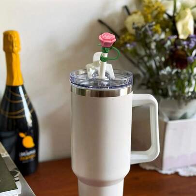 10mm Cute Flower Silicone Straw Cap, Dust-Proof Rose Straw Sleeve, Cartoon Water Bottle Straw Accessories, Valentine's Day Gift