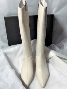 Giày bốt cao đến đùi cho nữ, giày bốt cao đến đầu gối, chất liệu da lộn co giãn, mũi nhọn, dáng ôm, kiểu dáng thu/đông mới - Màu be - Xem 3