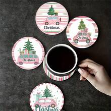 6 piezas/set o 420 piezas/70 sets Posavasos de goma suave redondos absorbentes de 10 cm/2 mm de grosor con estampado de árbol de Navidad y regalo en coche rosa, con parte inferior de goma, adecuados para tazas, decoración de mesa de cocina y comedor, decoración de cocina