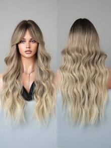 7JHH WIGS 灰金色假发长卷发假发带窗帘刘海深色发根耐热合成发色渐变波浪假发适合女士日常派对使用 28 英寸 - 漸層 - 查看 6