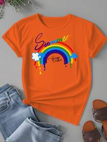 Plus Size Women's T-Shirt, Round Neck,Comfortable,Casual And Fashionable, Suitable For Outdoor Sports, Loose Fit,Moisture-Wicking And Breathable,Gift T-Shirt - 橘色 - 查看 2