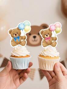24pcs Baby Shower Party Bear Cupcake Toppers, Baby Shower Party Supplies, Birthday Decorations, Cute Bear Themed Baby Shower Party Decorations, Jungle Animal Theme Baby Shower Birthday Party Cake Decorations, Pink Baby Shower Home Decor Gifts - Pink - View 6