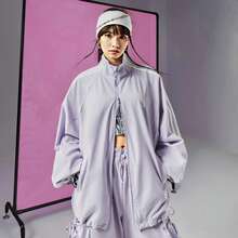 Adidas 3-Stripes & Logo Print Retro Zip-Up Stand Collar Jacket For Women - Purple - View 1