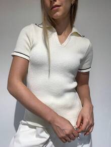 Striped Knitted Polo T-Shirt Ribbed Knit Summer Women's Fashion - 與布朗決戰 - 查看 3