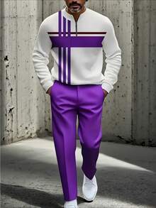 2PCS High-Quality Polyester Men's Long-Sleeved + Long Pants Sportswear Set, 3D Printed Pattern, Anti-Wrinkle And Easy To Care For, Half-Collared Top, European And American Style, Fitness, Outdoor Leisure, Golf, Tennis - 紫色 - 查看 2