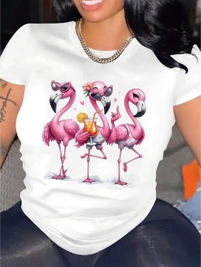 Women's Vibrant Purple Flamingo Graphic T-Shirt - Casual Short Sleeve Crew Neck Top, 100%Cotton, Machine Washable, Perfect For Summer & Spring, Casual Wear|Fun Print Tshirt|100%Cotton Fabric