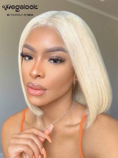 MEGALOOK 613号金色4x4蕾丝闭合假发，100%真人发透明蕾丝假发，613号色直发真人发假发，预先拔毛的自然发际线，10-14英寸波波头假发，适合初学者，适合女性日常佩戴、办公室、派对造型、Y2K酷炫风格、度假、户外角色扮演、校园、学校、节日、万圣节、庆典等场合。