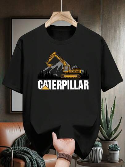Camiseta Casual de Hombre 100% Algodón - Diseño Geométrico CATERPILLAR, Azul Marino, Manga Corta, Cuello Redondo, Esencial de Verano, Lavable a Máquina