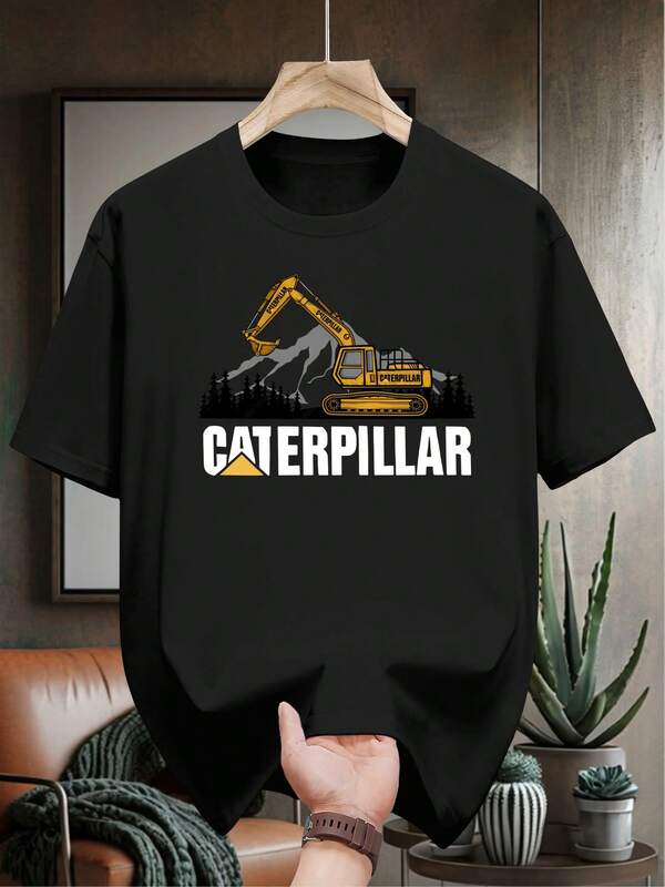 Camiseta Casual de Hombre 100% Algodón - Diseño Geométrico CATERPILLAR, Azul Marino, Manga Corta, Cuello Redondo, Esencial de Verano, Lavable a Máquina