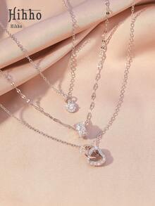 Hihho 3 件时尚休闲锆石镶嵌心形腰部设计个性化创意女士项链套装，派对礼物 - 銀色 - 查看 4