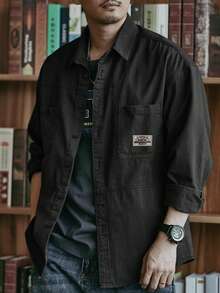 Kemeja Katun Kasual Pria, Warna Polos, Nyaman, Banyak Saku, Gaya Vintage, Cocok untuk Pemakaian Sehari-hari, Musim Semi/Musim Gugur, Atasan Lengan Panjang - Hitam - View 5