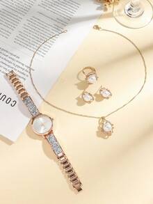 4 件套女士石英表，配有奢华水晶不锈钢表带，适合日常搭配、生日、周年纪念、万圣节和其他节日礼物，无礼盒 - 彩色 - 查看 3