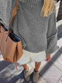 Plus SizeWomen's Autumn And Plus Size Winter Fashion Casual Plus Size Solid Color Round Neck Drop Shoulder Long Sleeve Sweater Pullover