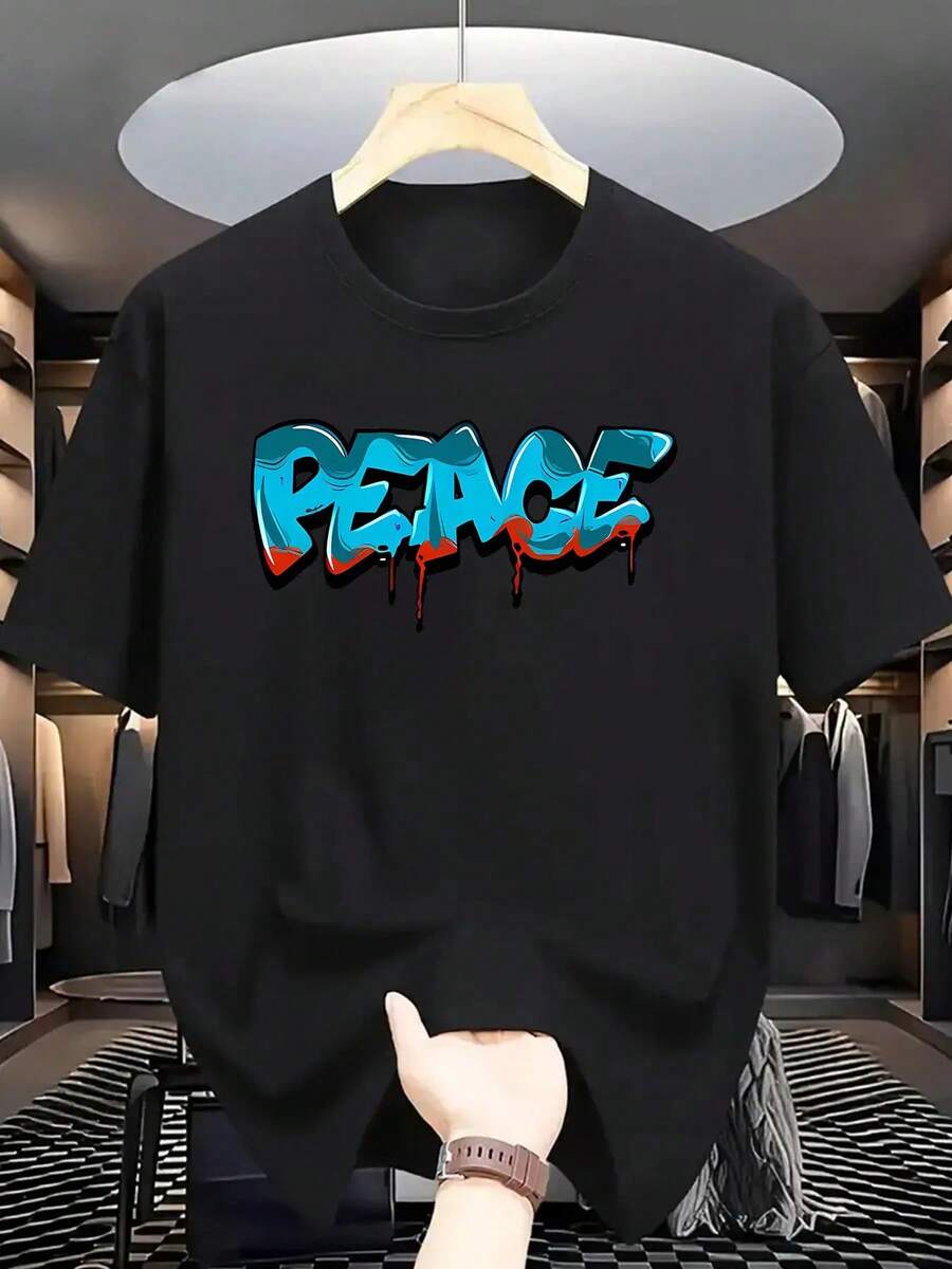 Camiseta de Verano para Hombre de Manga Corta con Estampado de Letras - Negro - Ver 1