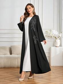 Women's Elegant Solid Black Long Sleeve Cardigan Abaya With Rhinestone Pattern, Versatile For Daily Wear - Black - View 8