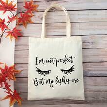 Women's Large Makeup Bag - Funny "I'm Not Perfect But My Lashes Are" Beauty Tote With Eyelash Design, Spacious Open-Top Cosmetic Organizer For Travel, Weddings, Everyday - Lightweight Gift For Makeup Lovers, Brides, Best Friends - Beige, Cute Makeup Bag, Wedding Accessory, Playful Design, Foldable Design, Versatile Accessory, Travel Essential - 米色 - 查看 7