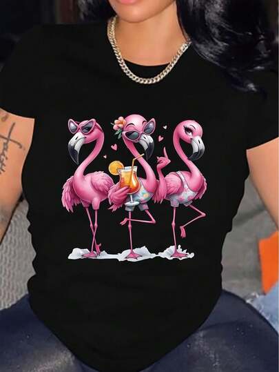 Women's Vibrant Purple Flamingo Graphic T-Shirt - Casual Short Sleeve Crew Neck Top, 100%Cotton, Machine Washable, Perfect For Summer & Spring, Casual Wear|Fun Print Tshirt|100%Cotton Fabric
