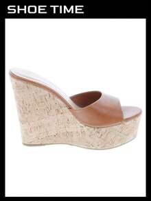 Women's Platform Wedge Slide Sandals – Open Toe Slip-On High Heel Mules With Cork Design - Tan - View 6