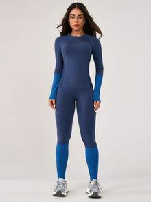 Leorrey 1 Set Women Seamless Comfortable Casual Round Neck Lifting Shaping Fitness Workout Running Outdoor Long Sleeve Top And Pants Sports Suit Ski Outfits Winter - Blue - View 11