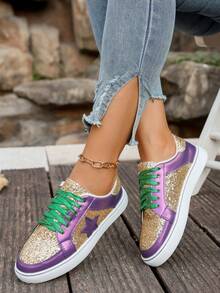 Women's Gold Sequin Patchwork Leather Round Toe Lace-Up Thick Sole Low-Top Multifunctional Fashion Casual Sneakers, Rubber Sole Waterproof Non-Slip Wear-Resistant Lightweight Flat Shoes, Spring/Autumn New Versatile Daily Casual Shoes - Purple Gold - View 2