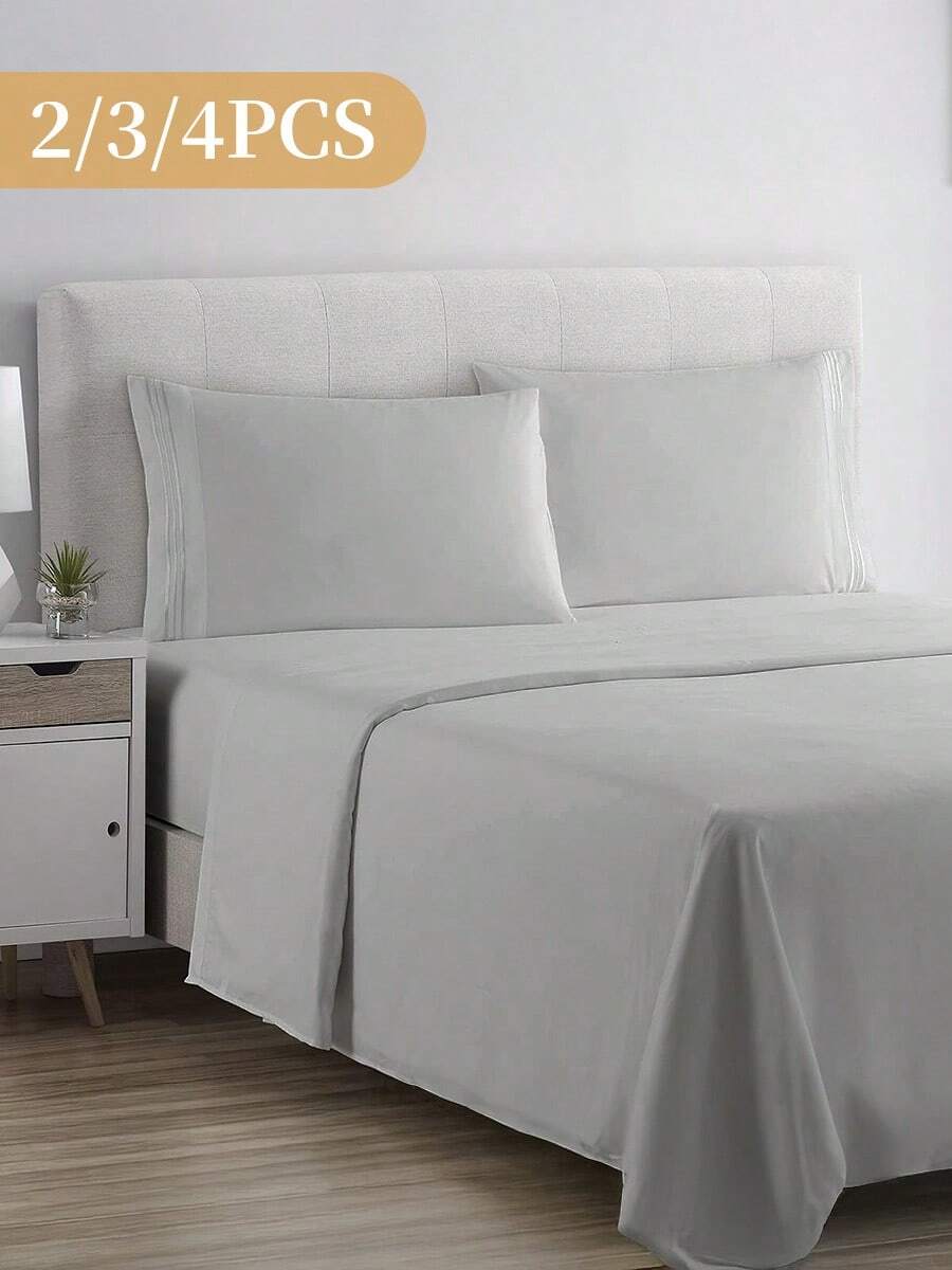 2/3/4pcs Fitted Sheets Set, Bedding, Bed Sheets, Solid Color Bedding Sheets Set With Deep Pocket, Fall Decor, Halloween Decor, Room Decor, Luxury Soft Bedding Sheets And Pillowcases, 1 Flat Sheet, 1 Fitted Sheet And 2 Pillowcases, All Seasons, Halloween Gift, Machine Washable, For Single, Twin, Full, Queen And King Sizes - Xám - Xem 1