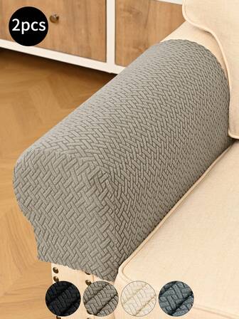2pcs Khaki Solid Striped Sofa Armrest Covers, Classic Minimalist Design, High Elasticity Dust-Proof Sofa Armrest Protectors, Anti-Cat Claw, Removable And Washable, Suitable For Living Room, Study, Bedroom Sofa Armrests, Black, Light Gray, Beige (4 Clips Included)