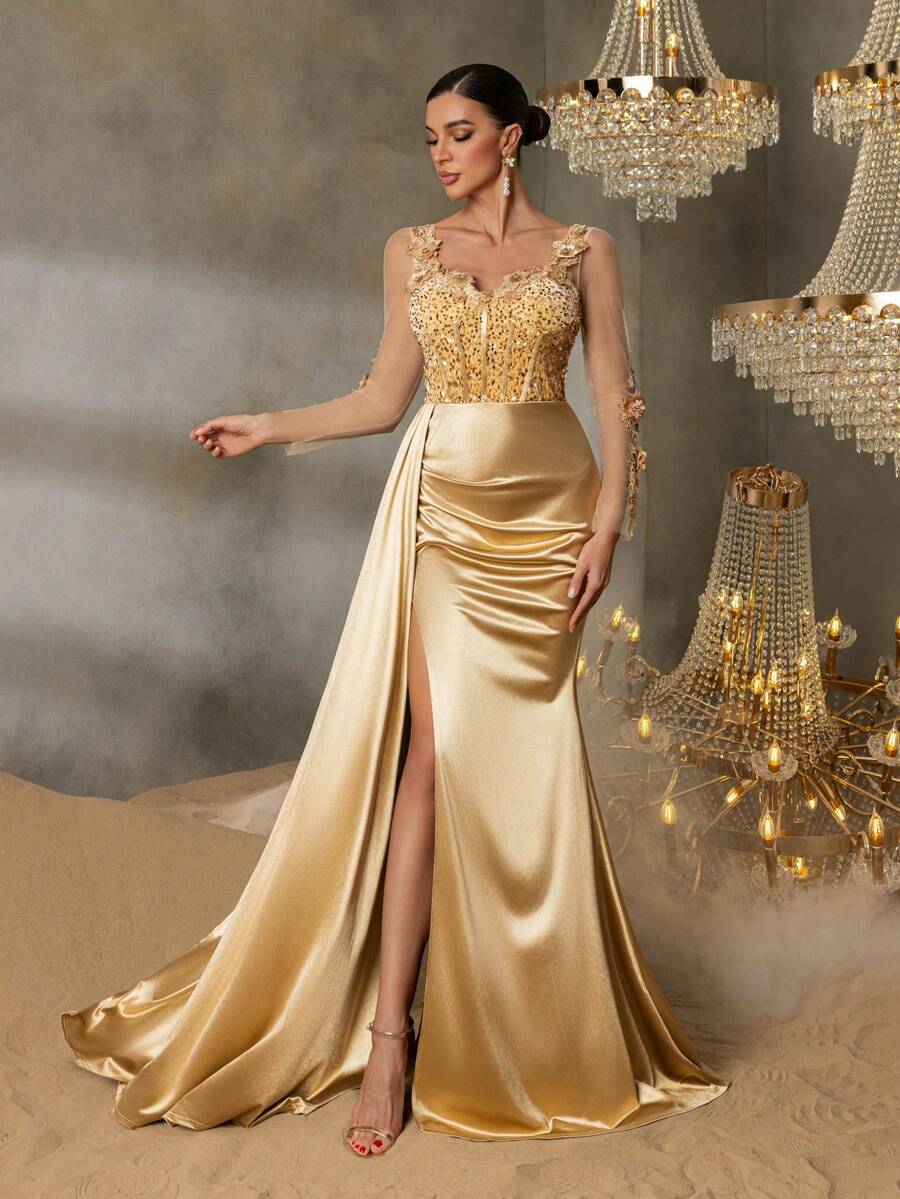 Faeriesty 花卉贴花荷叶边侧边鱼尾裙摆正式礼服，优雅长袖礼服，适合舞会、宴会、婚礼宾客、毕业典礼、晚宴及其他场合。