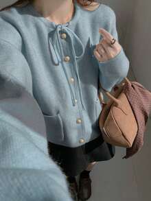 Alicedudu 女士秋冬柔软韩版系带蝴蝶结厚款宽松开衫毛衣 - 淺藍色 - 查看 1