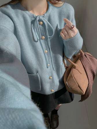 Alicedudu 女士秋冬柔软韩版系带蝴蝶结厚款宽松开衫毛衣