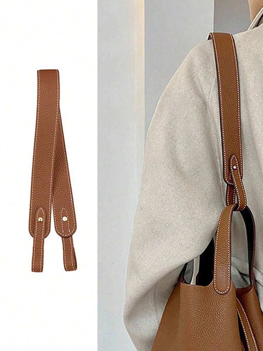 短提帶包包改裝加寬加厚PU長肩帶，適用於桶形包、手提包改裝斜背包帶、菜籃寬帶配件，PU荔枝紋斜跨包肩帶包飾更換手提肩帶、手腕帶、黑棕長肩帶、腋下包肩帶，螺絲鉚釘包帶，手工DIY包肩帶 - 棕色 - 查看 1