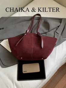 2 件 CHAIKA & KILTER 纯色绒面革单肩包女士复古休闲大容量手提包书包带双手柄和按扣，适合旅行、购物、约会、女士礼物，适合少女、大学生、初学者和办公室女士，非常适合办公室、学校、工作、商务、通勤、户外、旅行、徒步旅行 - 酒紅色 - 查看 4