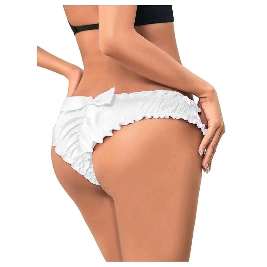 Women Satin Panty Bow Knot Frill Trim Ruched Cheeky Underwear Low Waist Bikini Briefs - trắng - Xem 1