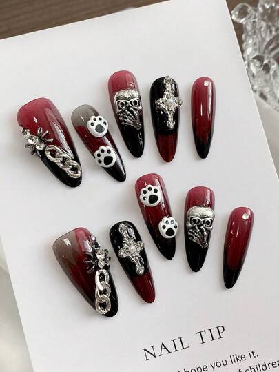 Uñas postizas largas y puntiagudas de estilo europeo y americano con diseño personalizado de temática de Halloween, desmontables, para fiestas