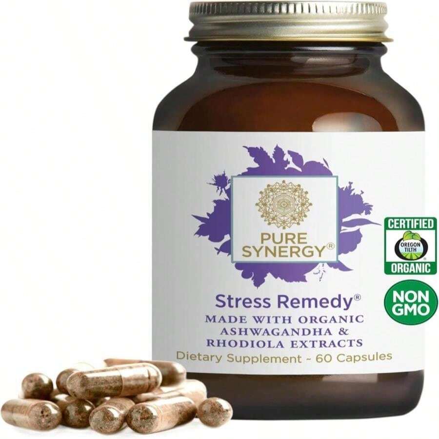 PURE SYNERGY Stress Remedy | Soothing Supplement With Ashwagandha | Organic Adaptogen Support From Rhodiola, Lemon Balm, And Holy Basil | For Stress Relief, Adrenal Health, And Mood (60 Capsules) - White - View 1