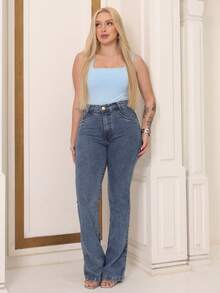 Women's Flare Jeans High Waist Bell Bottom Shaper Butt Lifting Modern Casual Sophisticated Simple Elegant Sensual Casual Jeans Button Zipper - 中等水洗藍 - 查看 4