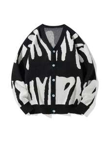 Manfinity Hypemode Men's Color-Block Button-Up Long Sleeve Cardigan Sweater - 黑與白 - 查看 1