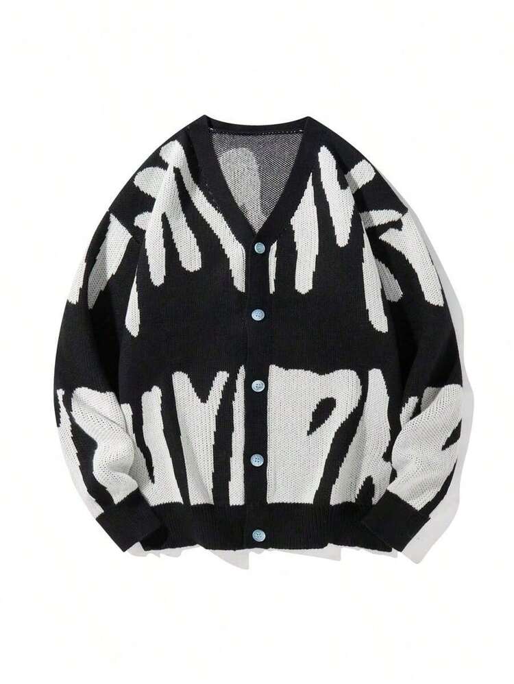 Manfinity Hypemode Men's Color-Block Button-Up Long Sleeve Cardigan Sweater - Black and White - View 1