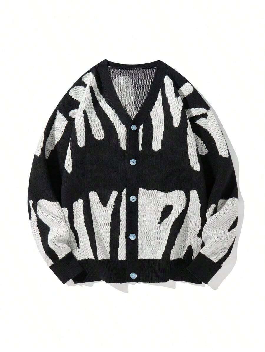 Manfinity Hypemode Men's Color-Block Button-Up Long Sleeve Cardigan Sweater - 黑與白 - 查看 1