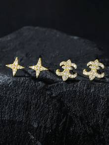 1 Pair/2pcs Punk Style Rhinestone Shield Stud Earrings, Geometric Cubic Zirconia Copper Plated, Unisex Fashion Earrings For Daily Wear And Parties, Suitable As Valentine's Day Or New Year Gift - Multicolor - View 9