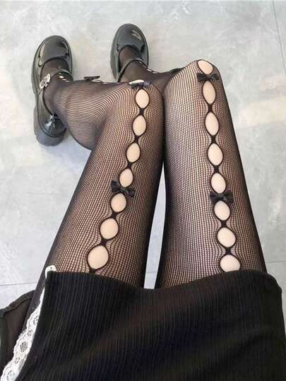 1 pereche ciorapi plasă din dantelă, sexy, cu fundă goală, decorațiuni, ultra-subțiri, transparenți, versatili, alb-negru