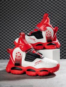 1 Pair Kids High-Top Basketball Shoes, Warm Plush Lining, PU Leather, Indoor/Outdoor Casual Running Shoes, Easy Slip-On, Anti-Slip, Comfortable, Fashion Sneakers For Boys & Girls, Suitable For Winter - Red - View 1