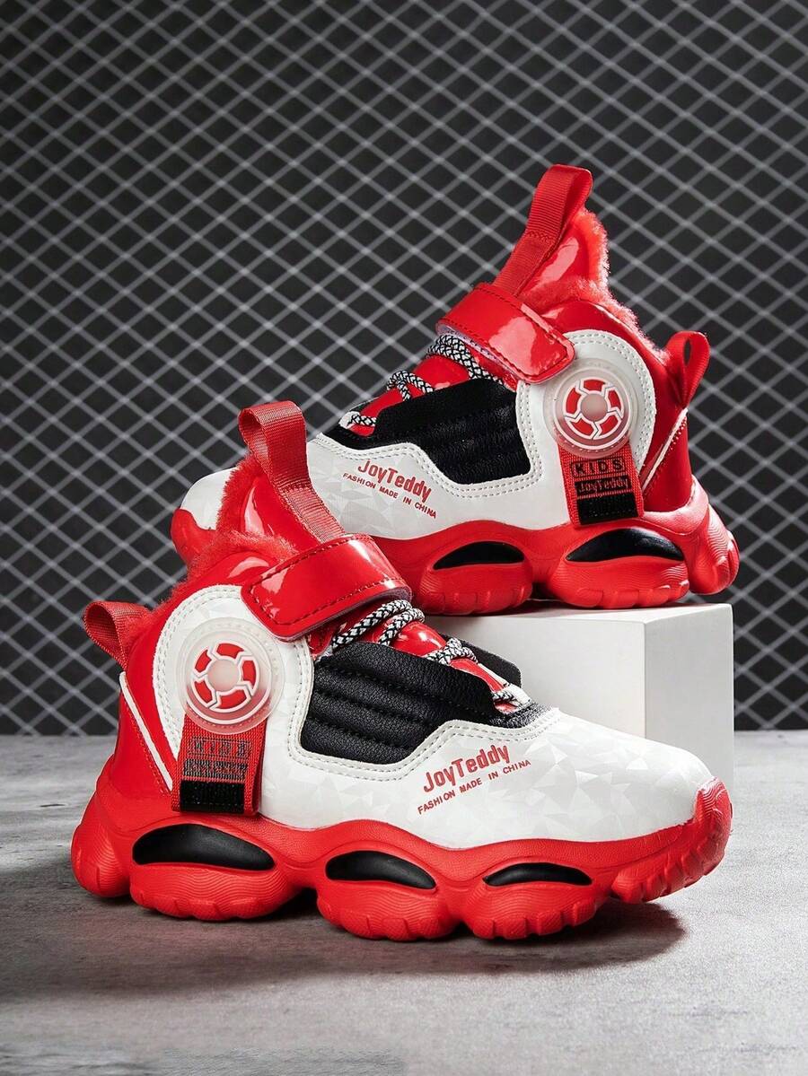 1 Pair Kids High-Top Basketball Shoes, Warm Plush Lining, PU Leather, Indoor/Outdoor Casual Running Shoes, Easy Slip-On, Anti-Slip, Comfortable, Fashion Sneakers For Boys & Girls, Suitable For Winter - Red - View 1