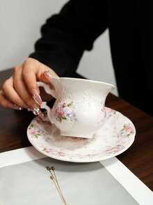 1pc Pink Rose Ceramic Coffee Cup & Saucer Set, French Romantic Floral Relief Teacup & Plate Set, Floral Western Dessert Plate, Home Decor Serving Dish, Suitable For Restaurant, Garden Afternoon Tea, Cafe, Candlelight Dinner, Housewarming, Holiday Gift, Couple Date Tableware - Multicolor - View 5