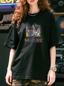 Artists Basquiat Crew Neck Casual Short-Sleeved Shirt Basic Shirt T-Shirt Unisex Cotton Short-Sleeved Shirt - 黑色 - 查看 1
