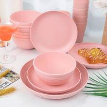 16/32pcs Kitchen Wheat Straw Large Size Dinnerware Set, Service For 4/8, Unbreakable Modern Dish Set-Dinner Plate/Dessert Plate/Cereal Bowl/Cup, Lightweight Tableware, Perfect Camping And Everyday Use - 粉色 - 查看 6