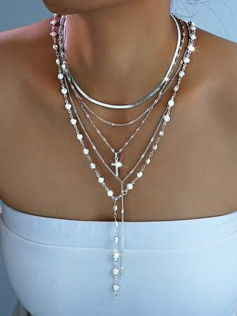 5 件简约十字架吊坠仿珍珠 Y 型项链套装，银色，女士多层项链，适合度假、约会、派对、生日、圣诞节、日常佩戴