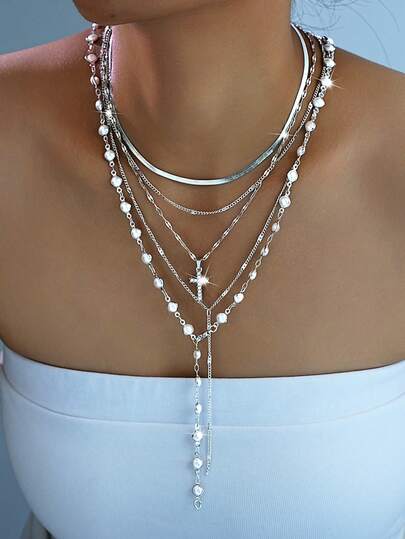 Set de 5 piezas de collar en Y con colgante de cruz minimalista y perla falsa, tono plateado, collar de capas para mujer, adecuado para vacaciones, citas, fiestas, cumpleaños, Navidad, uso diario