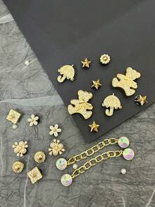 19 sztuk DIY Akcesoria do Butów Ogrodowych - Złoty Miś z Kropkami i Kryształkami, Parasol, Ozdoba na Buty z Klamrą z Kryształkami, Zdejmowane, Nadaje Się Do Butów Plażowych, Butów z Wycięciami, Prezentów Świątecznych, Na Wszystkie Pory Roku