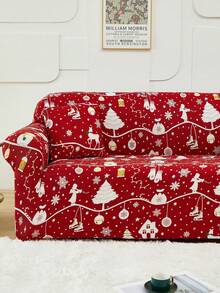 1pc Christmas Print Sofa Cover (Including 1pc Cushion Cover), Red Christmas Pattern, Dirt-Resistant & Pet-Scratch-Proof, Machine Washable, Home Decor Suitable For Living Room & Office - Red - View 8